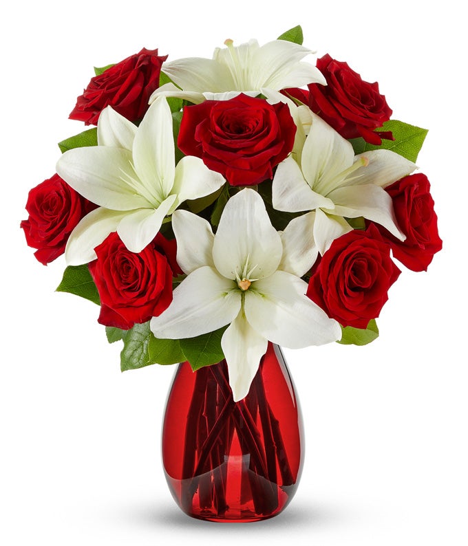 Classic Red Rose & White Lily Bouquet — valentine's day roses delivery