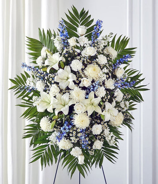 Blue & White Sympathy Standing Spray — local flower shops near me