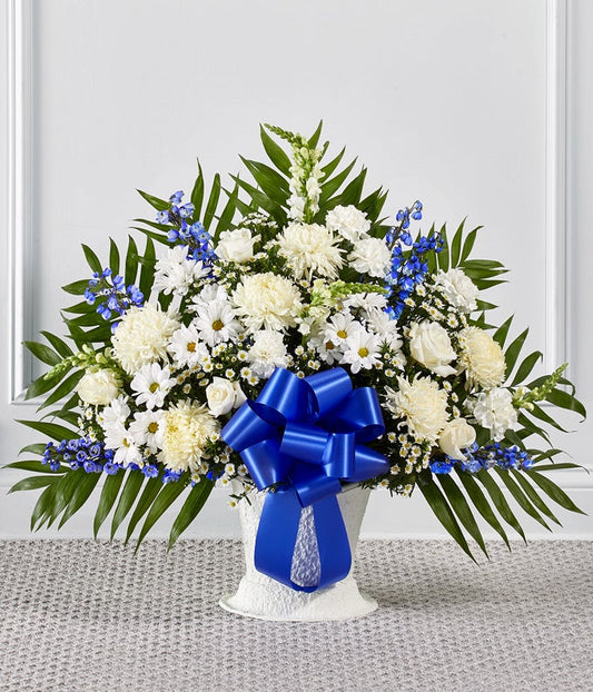 Blue & White Sympathy Floor Basket — local florist near me