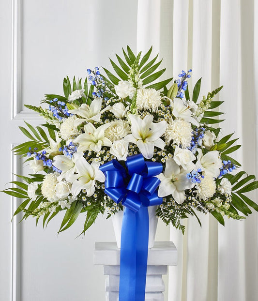 Blue & White Sympathy Standing Basket — same day flower delivery