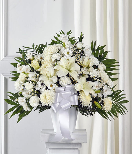 White Sympathy Standing Basket — bouquet flowers