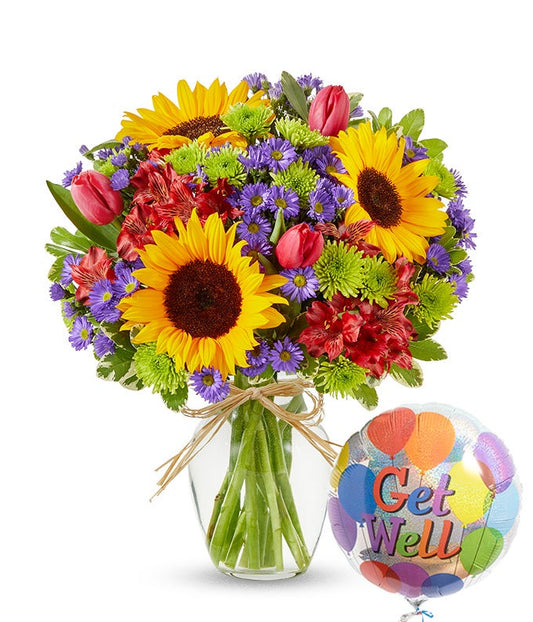 Utopian Sunflower Garden with Get Well Balloon — flower delivery companies