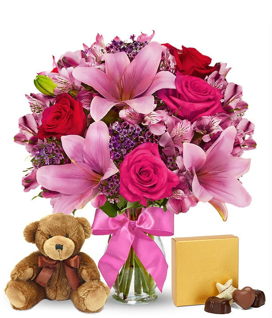 Rose & Lily Celebration with Bear & Chocolate — flower delivery companies
