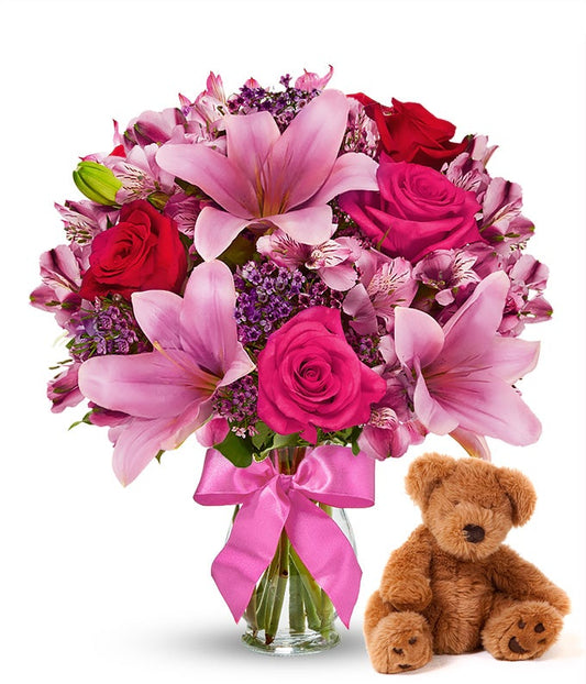 Rose & Lily Celebration with Teddy Bear — flower bouquet near me
